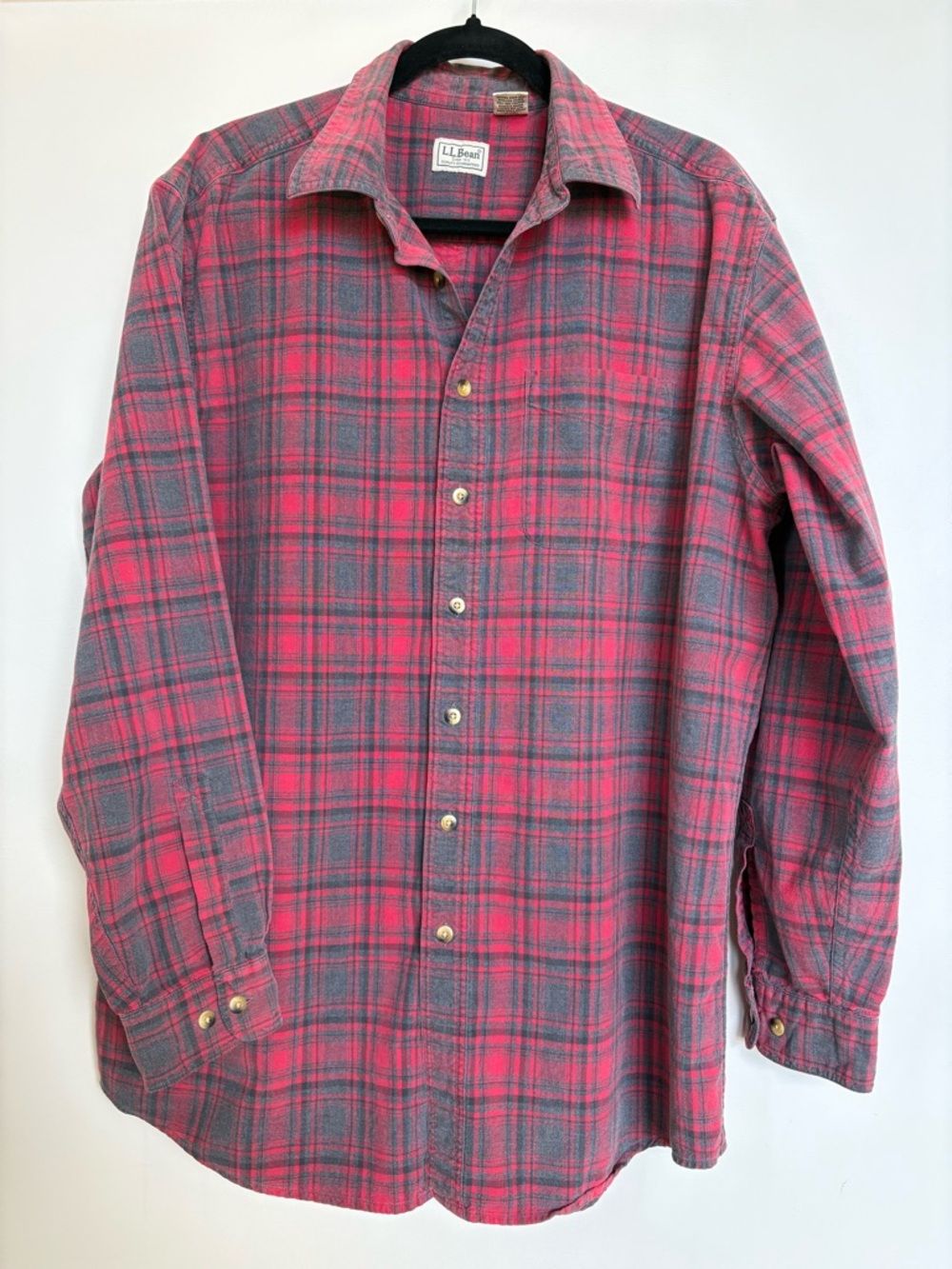 LL Bean Plaid Shirt Red Gray Cotton Button Down Men’s Tall L, Vintage Style